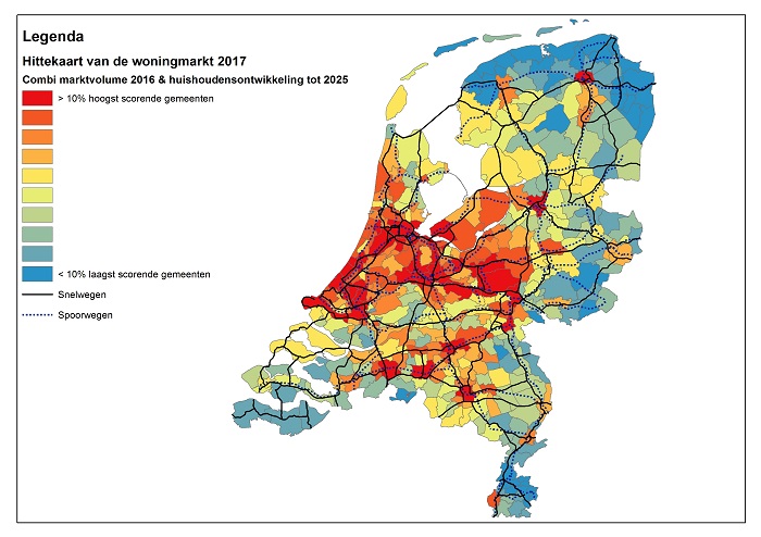 Hittekaart 2017 met snelwegen en spoorwegen.
